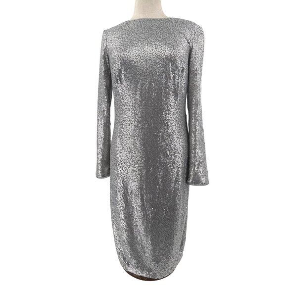 Tadashi Shoji Long-Sleeve Sequined Silver Midi Dress Draped‎ Back Detail Size M - Picture 1 of 9